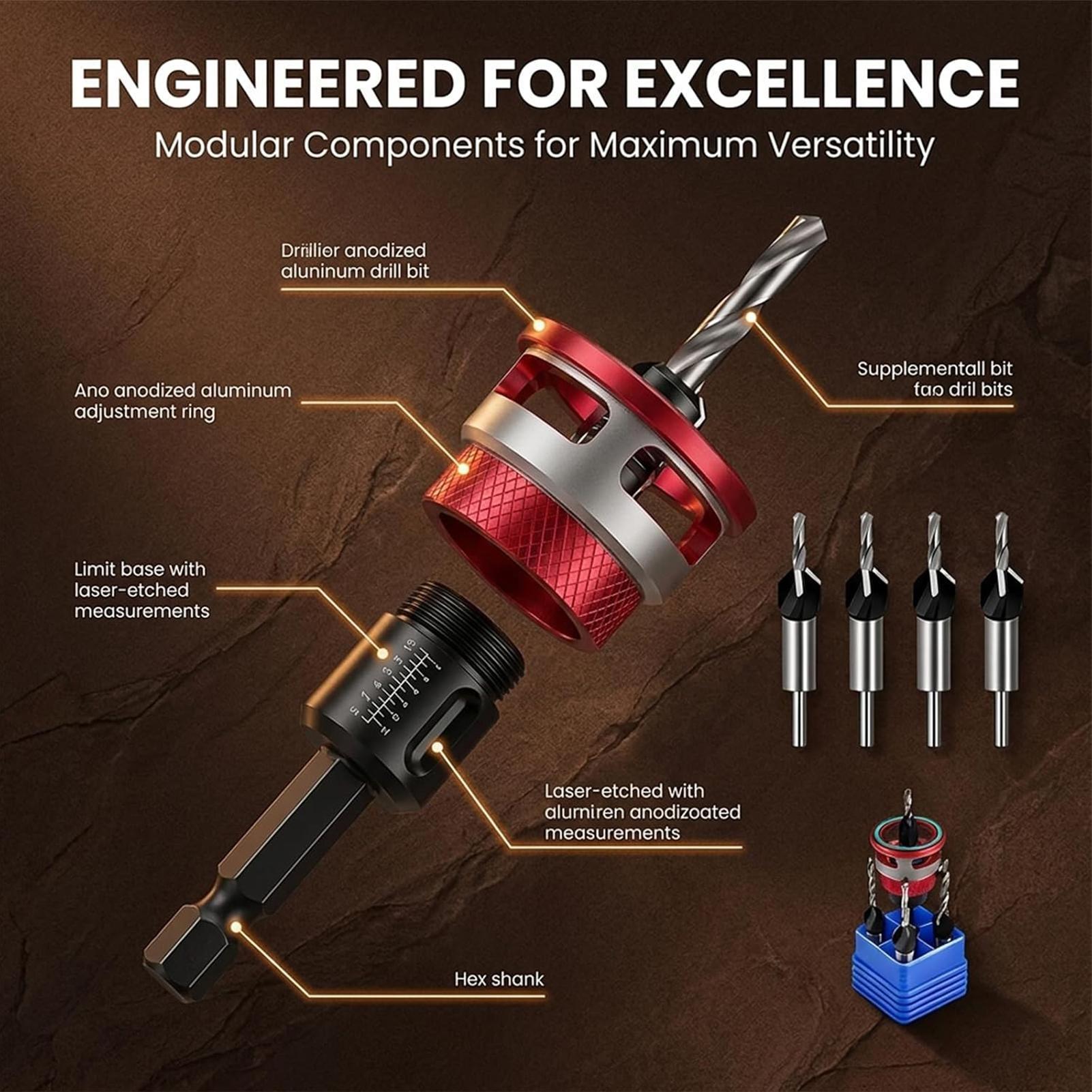 Woodworking Drill Bits - Set van verzinkboorbits met verstelbare diepteregelaar,
